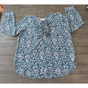 Loft by Ann Taylor women's blue floral ruffle collar top Size Large